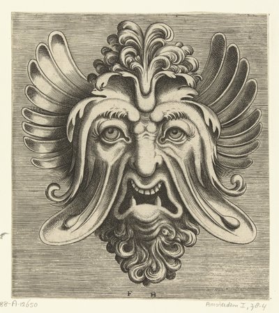 Masker met uitgezakte wangen, twee spitse ondertanden en een toef krullen rustend op de neuswortel Pourtraicture ingenieuse de plusieurs facons de masques… (series title)   1376064   no       norwegian Successfully Translated  Original: September and Octob av Frans Huys