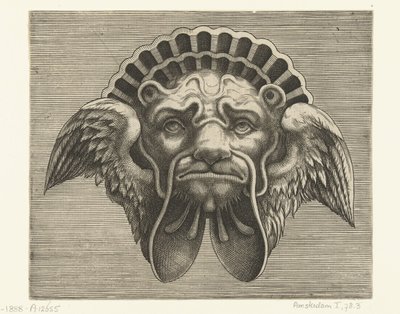 Maske med vinger i stedet for ører og en hodeplagg i form av et skall Pourtraicture ingenieuse de plusieurs facons de masques... (serietittel) av Frans Huys