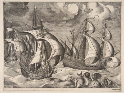 Three Caravels in a Rising Squall with Arion on a Dolphin fra The Sailing Vessels, 1561-65. av Frans Huys