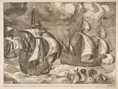 Three Caravels in a Rising Squall with Arion on a Dolphin fra The Sailing Vessels, 1561-65. av Frans Huys
