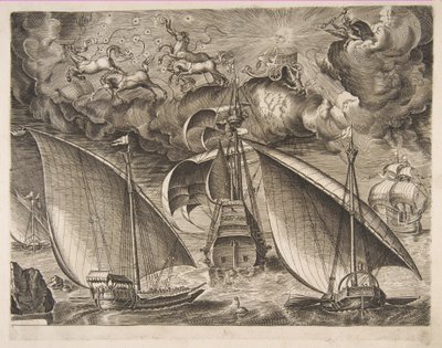 To bysser som seiler bak en væpnet tremester med Phaeton og Jupiter i himmelen, f..., 1561-65. av Frans Huys