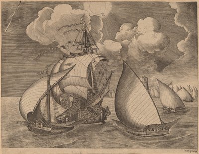 En flåte av bysser eskortert av en karavel av Frans Huys after Pieter Bruegel the Elder