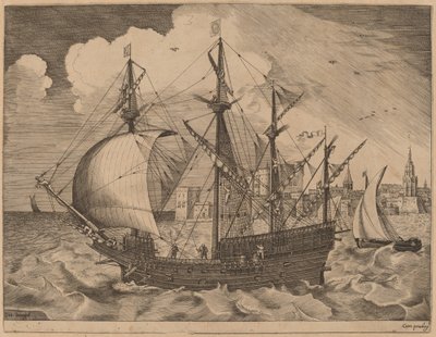 Bevæpnet fire-master legger ut på havet av Frans Huys after Pieter Bruegel the Elder