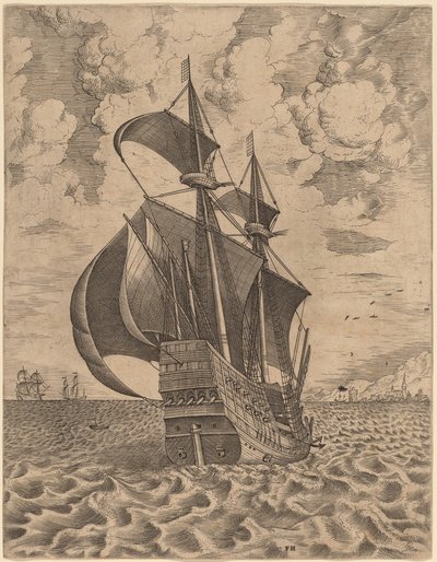Bevæpnet firemaster seiler mot en havn av Frans Huys after Pieter Bruegel the Elder