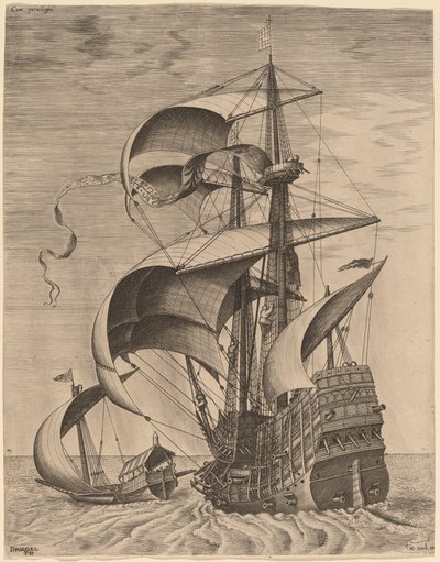 Bevæpnet tremester på åpent hav, akkompagnert av en bysse av Frans Huys after Pieter Bruegel the Elder