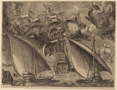 To bysser bak en væpnet tremester med Phaethon og Jupiter i himmelen av Frans Huys after Pieter Bruegel the Elder