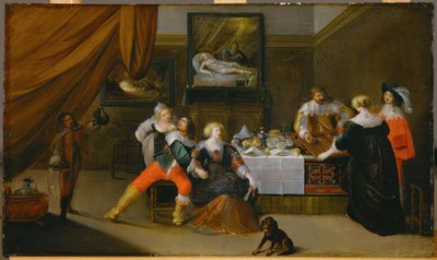 Samfunnsscene med et bilde av Danae i bakgrunnen av Frans III Francken
