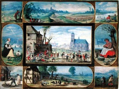 Sammensatt av ti allegoriske scener av livet i byen og landet (gouache med innslag av gull på vellum) av Frans II the Younger Francken