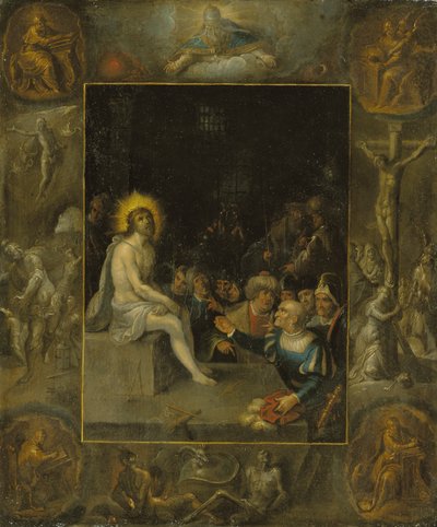 The mocking of Christ, i en grisaille-omgivelse som viser Gud Faderen, evangelistene, korsfestelsen, oppstandelsen og Djevelen og døden med den kronede slangen av Frans II the Younger Francken