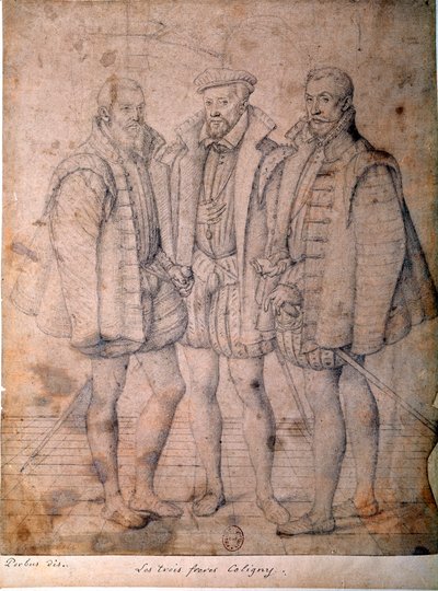 Portrett av de tre Coligny: kardinal Odet (1515-1571), Gaspard (1517-1572), admiral av Frankrike og Francois (1521-1569), herre av Andelot. Tegning tilskrevet Frans (Francois (Franz) Pourbus l
