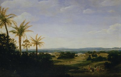 Brasiliansk landskap med den portugisiske residensen, kirken og Casa Granda, elven Varzea bortenfor av Frans Post