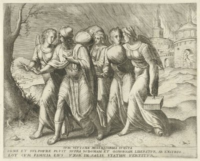 Lot forlater Sodoma med hevn forent med barmhjertighet (tittel på objekt) Geschiedenis van Lot (serietittel) av Frans Menton