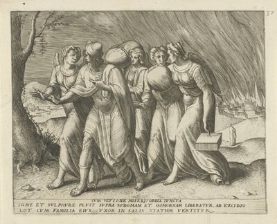 Lot forlater Sodoma Med hevn sammen med barmhjertighet (tittel på objekt) Geschiedenis van Lot (serietittel) av Frans Menton