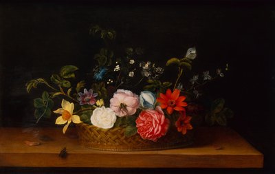 Blomster i en kurv med insekter på en avsats (olje) av Frans Ykens
