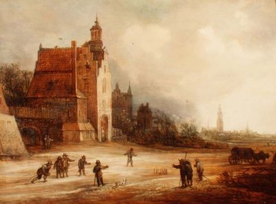 Soldater som spiller kjegler på en vei, Breda bortenfor av Frans de Momper