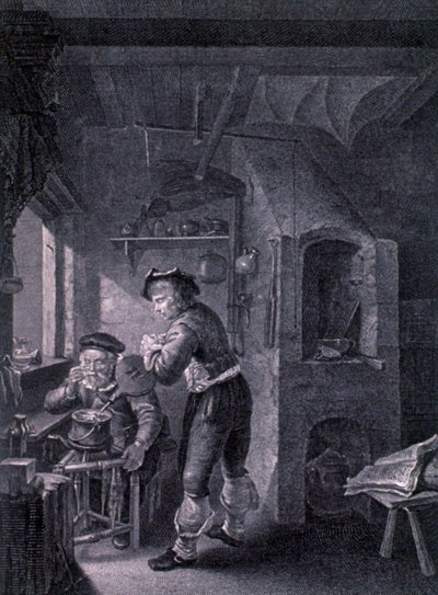 Et laboratorium fra 1600-tallet av Frans van (after) Mieris