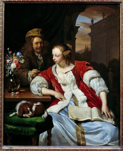 Den avbrutte sangen Portraits of the artist and his wife. Maleri av Franz van Mieris dit le Vieux (1635-1681) av Frans van Mieris