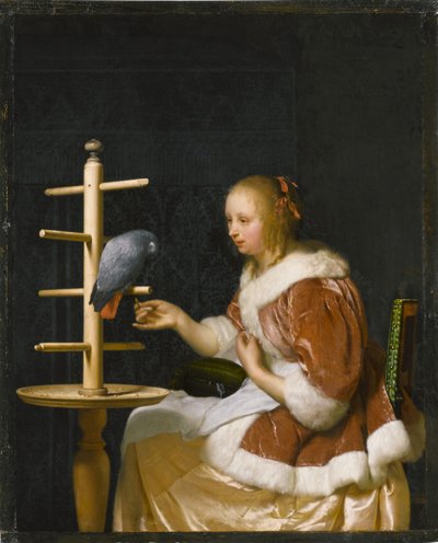 Ung kvinne mater en papegøye, 1663. av Frans van Mieris the Elder