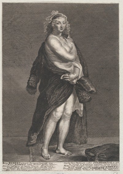Portrett av Helena Fourment, Rubens andre kone, iført en pelsfrakk over skuldrene, 1728., 1728 av Frans van Stampart