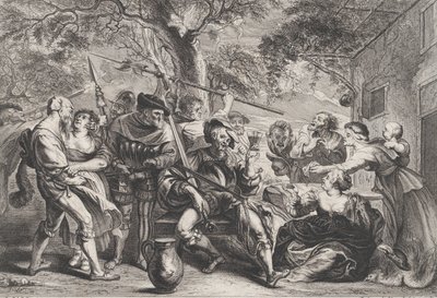 Don Quijote og troppene til La Santa Hermandad utenfor en taverna, ca. 1635-79. av Frans van den Wyngaerde