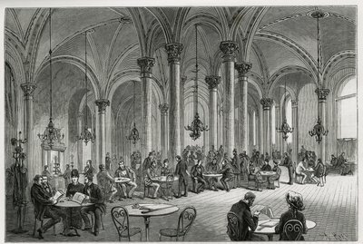 Den sentrale kafeen i Wien (Østerrike). Gravering av Kollarz, for å illustrere historien Wien og dens forsteder, av M. Newlinski, i 1881, publisert i Tour du monde, under ledelse av Edouard Charton (1807-1890) av Franz (after) Kollarz