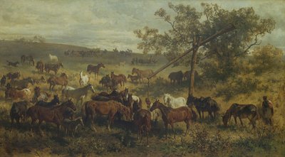 Hester ved et trau, 1800-tallet av Franz Adam