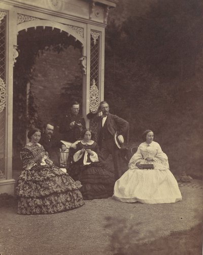 [Portrett av tre kvinner og menn i en hage], 1850-60-tallet. av Franz Antoine