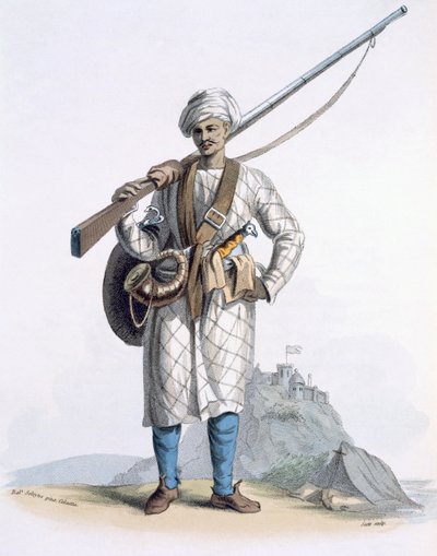 Behaleea eller hinduisk soldat, fra 'Costumes of India' av E. Orme, 1804 (farget etsning) av Franz Balthazar Solvyns