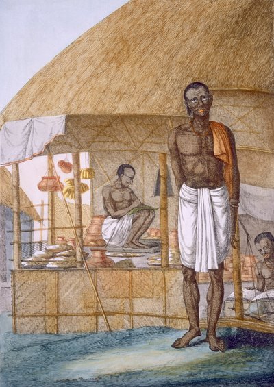 Butikkeier som selger gryter, bananer og korn, fra 'The Hindus, or the Description of their Manners, Costumes and Ceremonies', ca. 1808-12 (farget etsning) av Franz Balthazar Solvyns