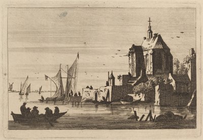 Kirke i et innløp med robåt i forgrunnen av Franz Edmund Weirotter