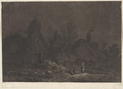 Måneskinnsscene med figurer foran en hytte XII Vues de la Normandie (serietittel) av Franz Edmund Weirotter