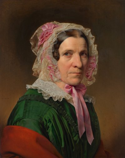 Portrett av en eldre dame i blonderhette og rosa bånd av Franz Eybl