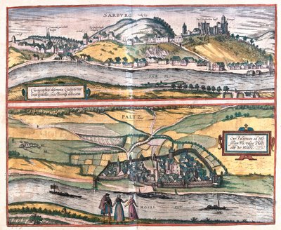 Nøyaktig oversikt over byen Saarburg og byen Pfaltz an der Mosel, Tyskland (gravering av Franz Hogenberg