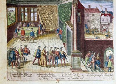 Arrestasjon av Lamoral, grev av Egmont (1522–1568) og Philippe de Montmorency (1524–1568), grev av Hornes (Hoorn) for deres standpunkt mot kong Filip II av Spania (1527–1598). De vil bli henrettet i 1568 (øverst til høyre) 1653 Trykk av F av Franz Hogenberg