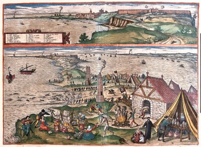 Cadiz, Spania.(Øvre: kapellet St. Sebastian, nedre: Cadiz sin tunfiskeindustri. I midten, vakttårnene (gravering) av Franz Hogenberg