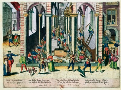 Ødeleggelse av relikvier og statuer i kirker, april 1566 (farget gravering) av Franz Hogenberg