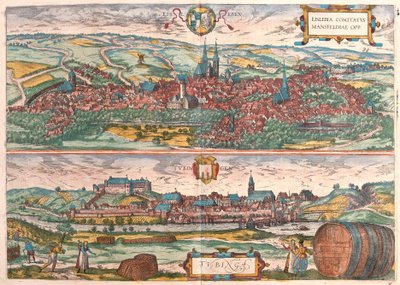Eisleben og Tubingen, Tyskland (gravering av Franz Hogenberg