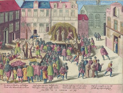 Henrettelse i Brugge ved brenning av tre brødre for sodomi, 28. juni 1578 av Franz Hogenberg