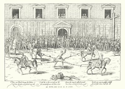 Henrettelse av Jean de Poltrot for drapet på Frans, hertugen av Guise, Paris, 1563 av Franz Hogenberg