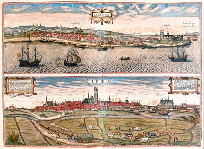Helsingør og Ribe, Danmark (gravering av Franz Hogenberg