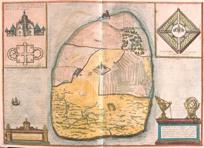 Isle of Ven og Uranienborg, palasset og observatoriet til Tycho Brahe som ligger på denne øya, i Sund (gravering av Franz Hogenberg