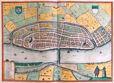 Kampen og elven IJssel eller Yssel, Nederland (gravering av Franz Hogenberg