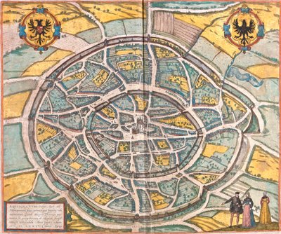 Kart over Aachen (Aquisgranum), Tyskland (radering av Franz Hogenberg