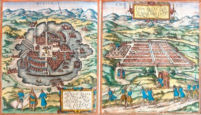 Kart over Mexico (Mexico) og Cuzco (Cusco) (Peru) (radering av Franz Hogenberg