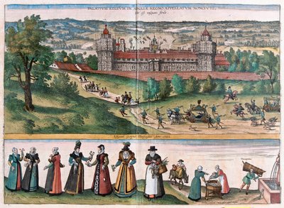Palace of Sans-Elike, Surrey, England (gravering av Franz Hogenberg