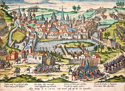 Papister beleiret Poitiers, juli 1569, gravering av Franz Hogenberg (1535-1590), religionskriger, Frankrike av Franz Hogenberg