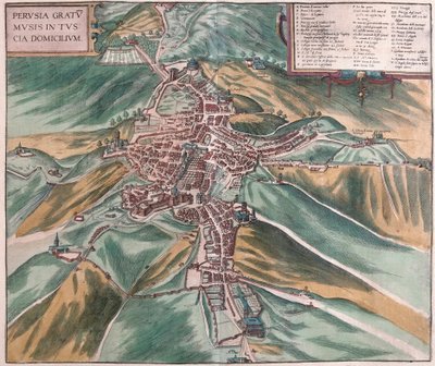 Perugia, Italia (gravering av Franz Hogenberg