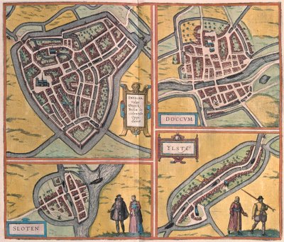 Sneek, Dokkum, Sloten, Ijlst, Nederland (gravering av Franz Hogenberg