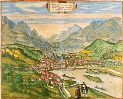Utsikt over Innsbruck (Oenipons eller Enipontus), Østerrike (radering av Franz Hogenberg