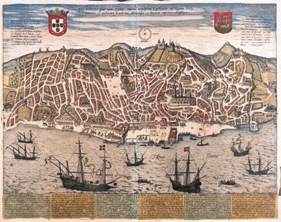 Utsikt over Lisboa, Portugal (gravering av Franz Hogenberg